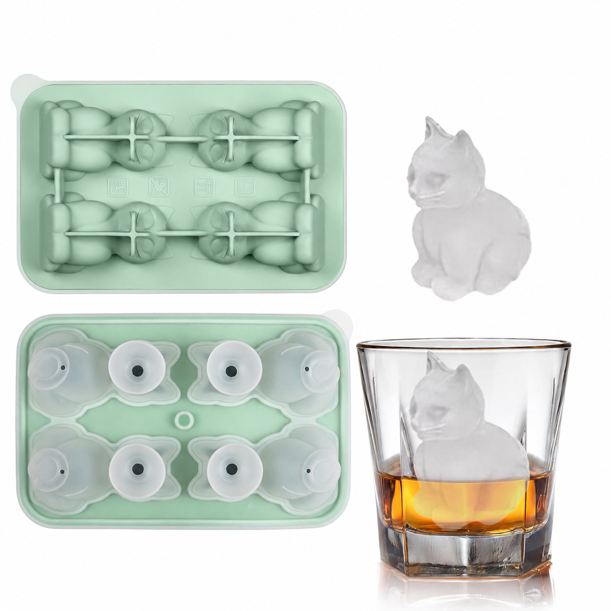 Silicone cat ice mold in green with shaped ice
