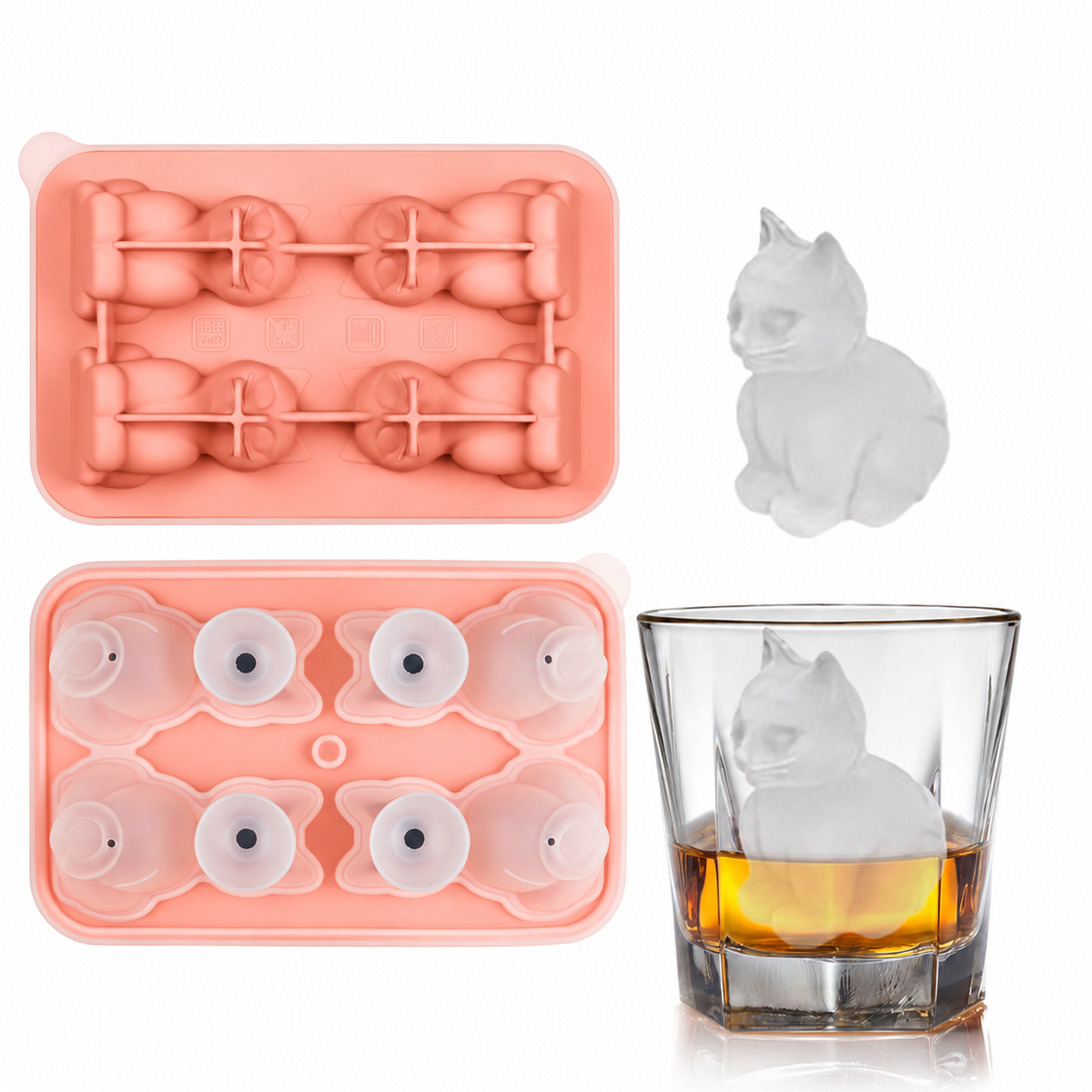 Silicone cat ice mold in pink with shaped ice