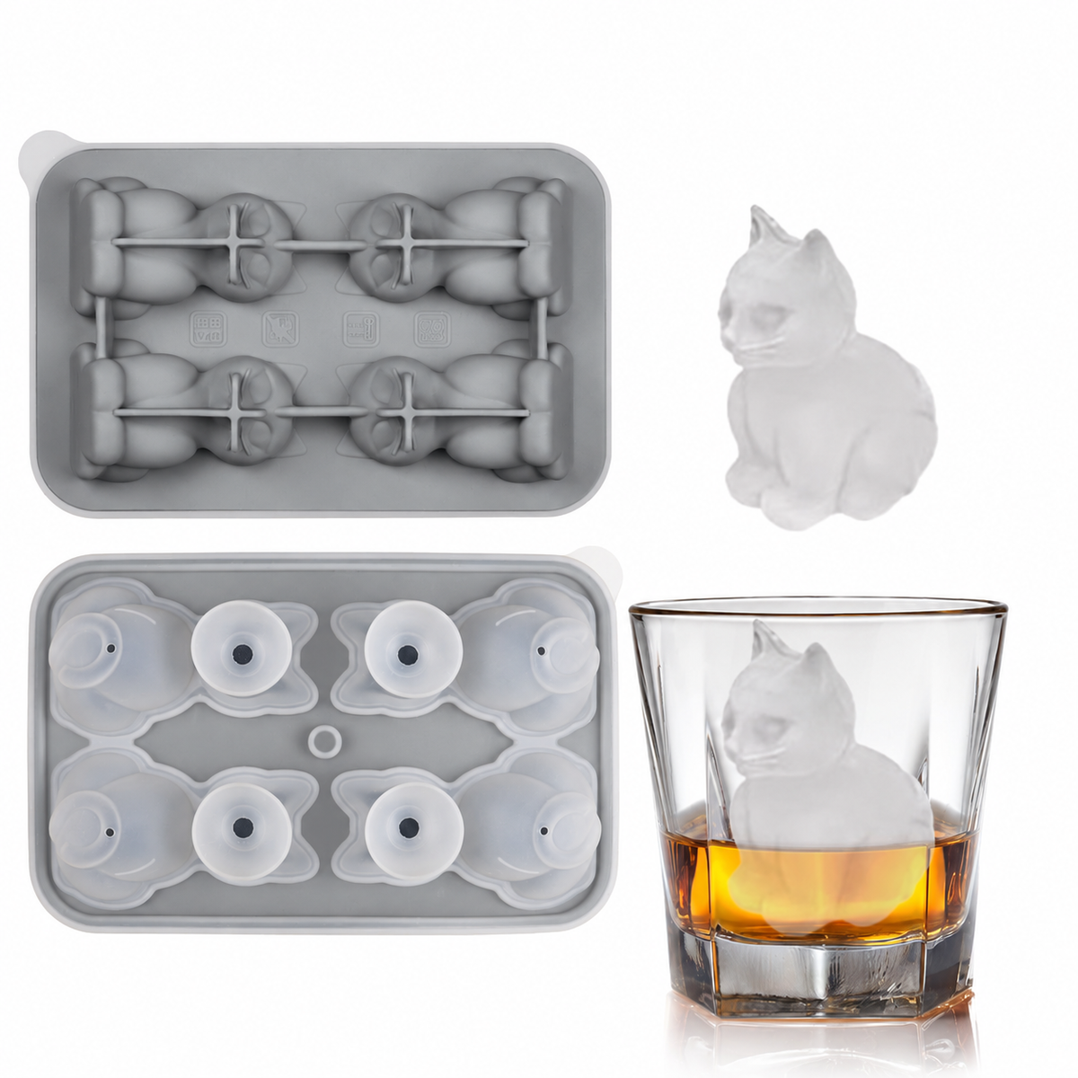 Silicone cat ice mold in gray with shaped ice