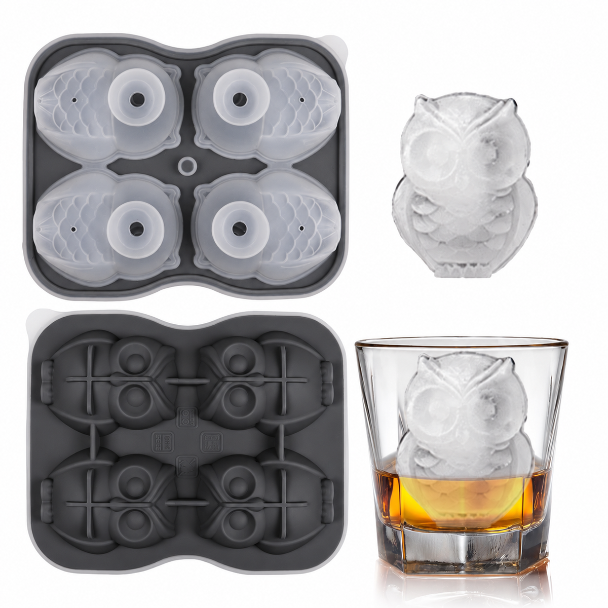 Silicone owl ice mold in black with shaped ice