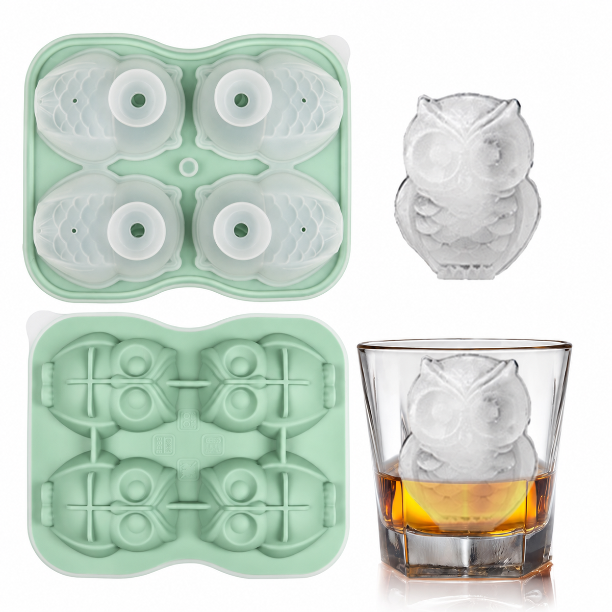 Silicone owl ice mold in green with shaped ice
