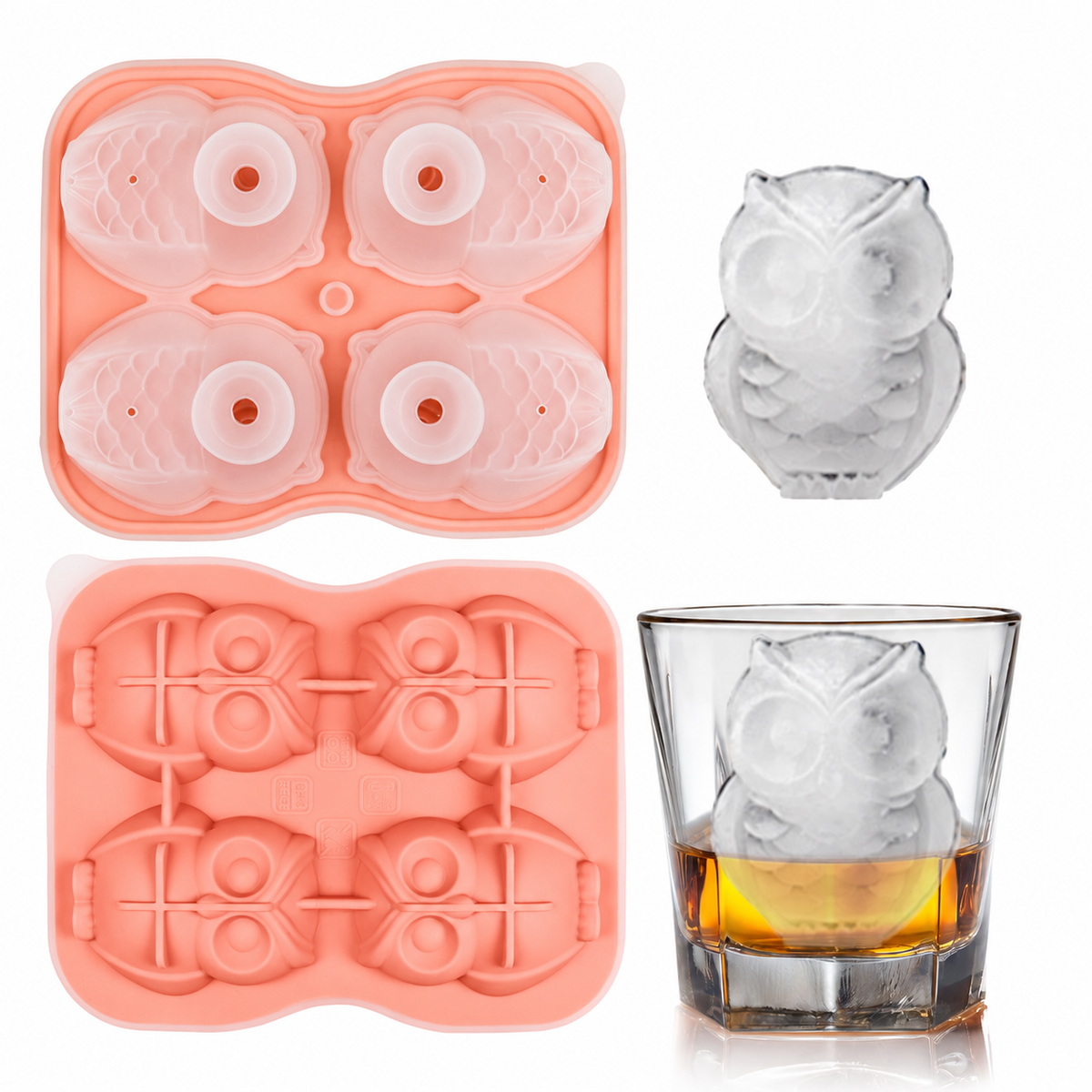 Silicone owl ice mold in pink with shaped ice