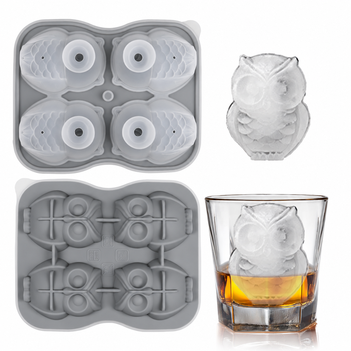 Silicone owl ice mold in gray with shaped ice