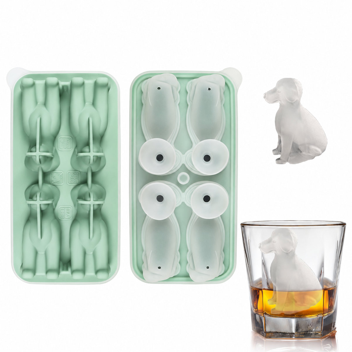 Silicone labrador ice mold in green with shaped ice