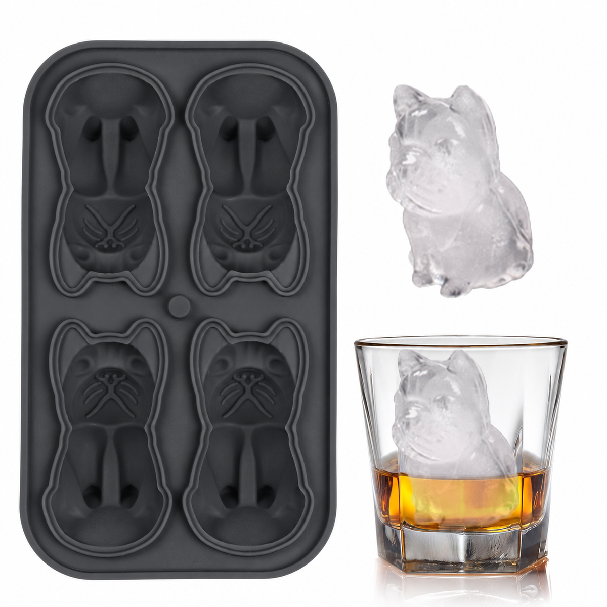 Silicone french bulldog ice mold in black with shaped ice