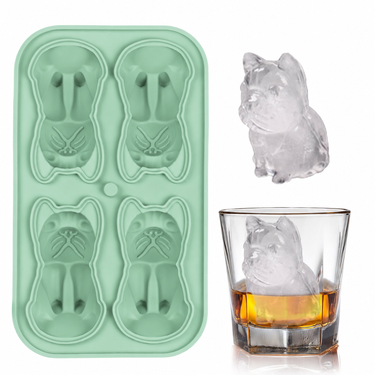 Silicone french bulldog ice mold in green with shaped ice