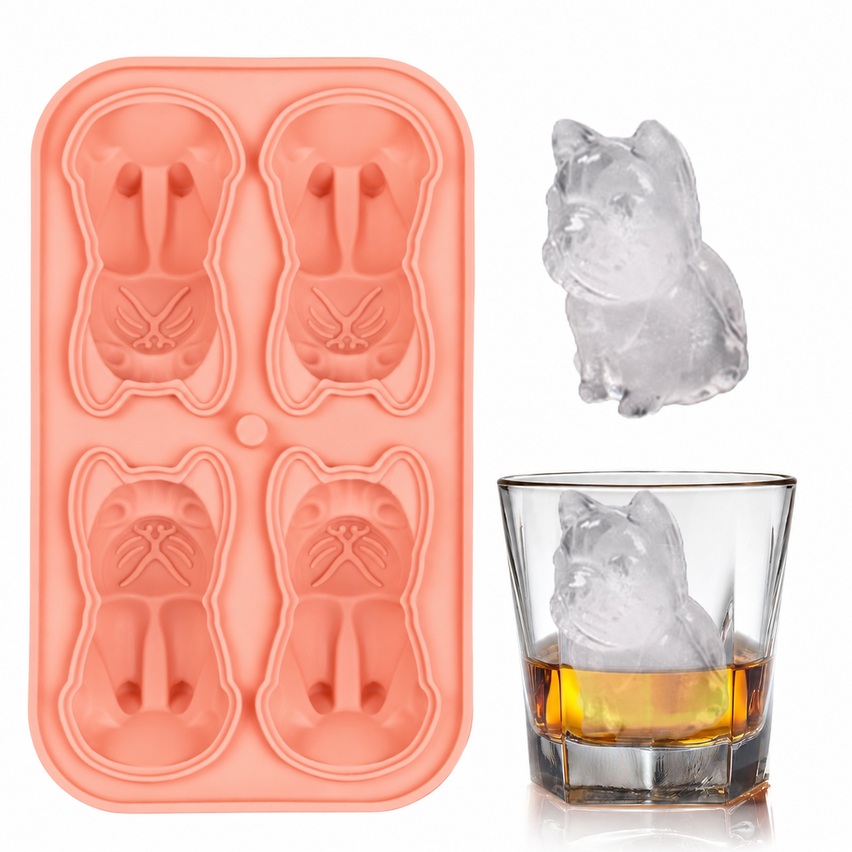 Silicone french bulldog ice mold in pink with shaped ice