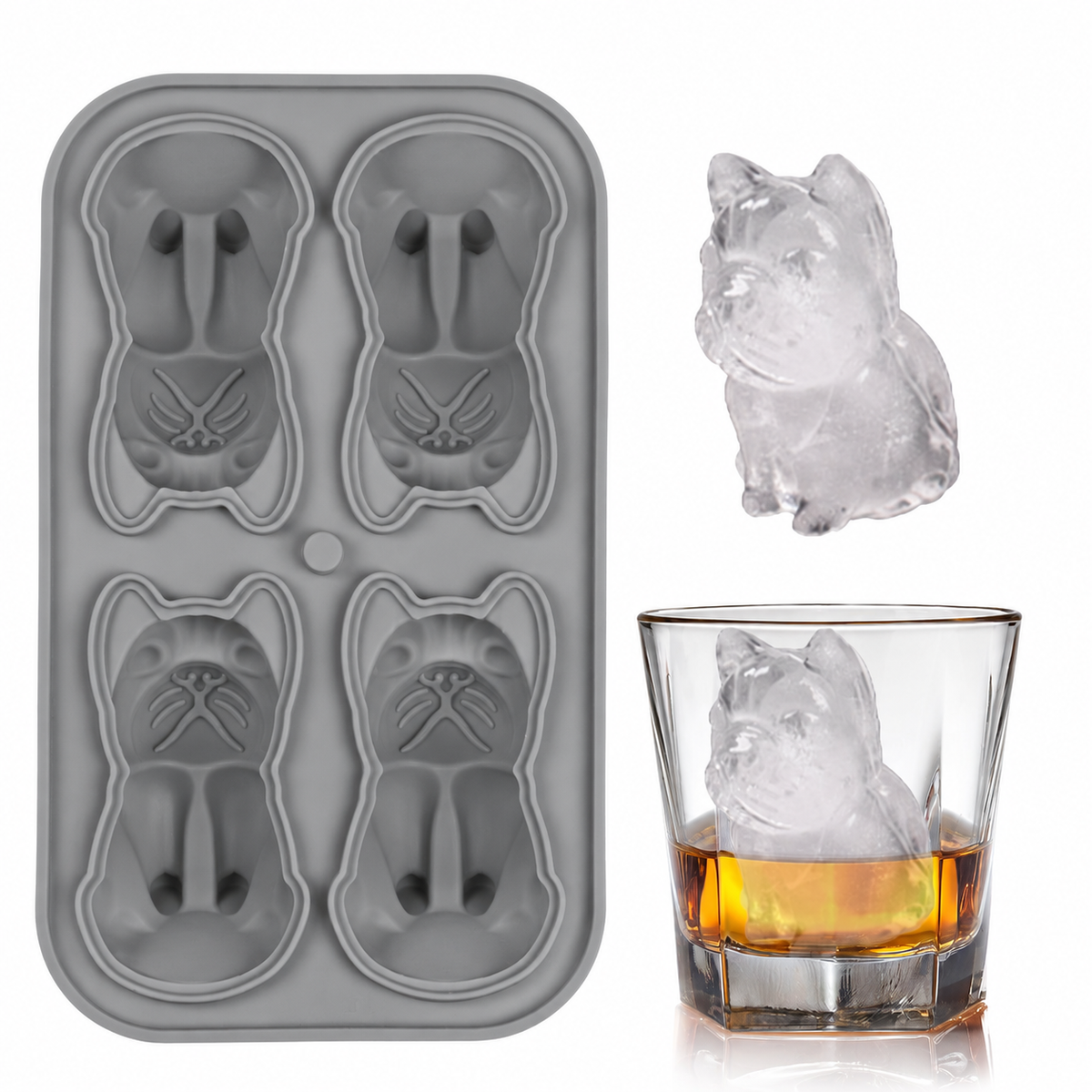 Silicone french bulldog ice mold in gray with shaped ice