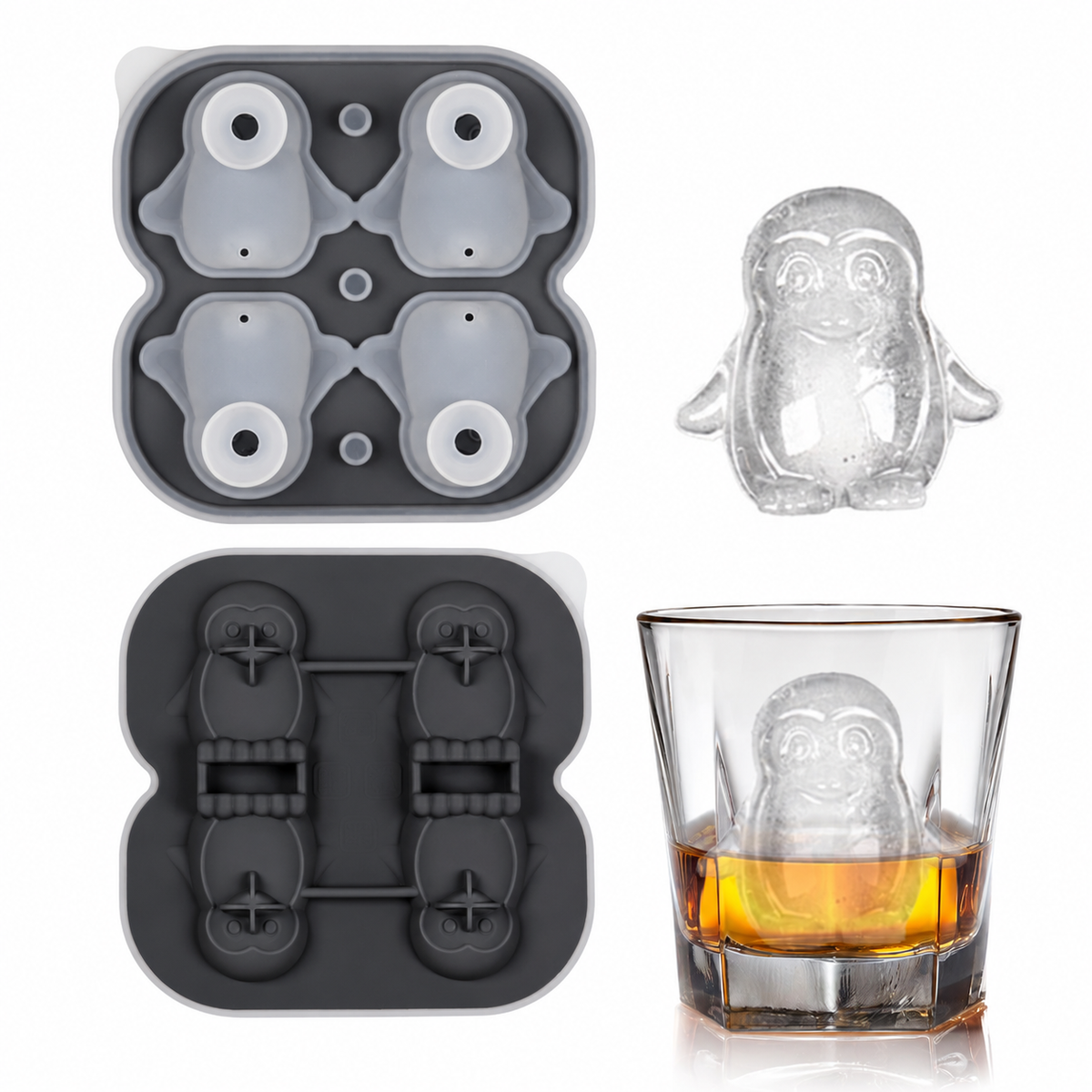 Silicone penguin ice mold in black with shaped ice