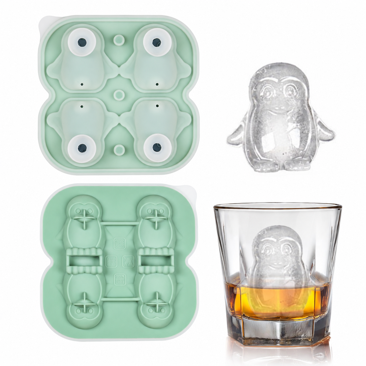 Silicone penguin ice mold in green with shaped ice
