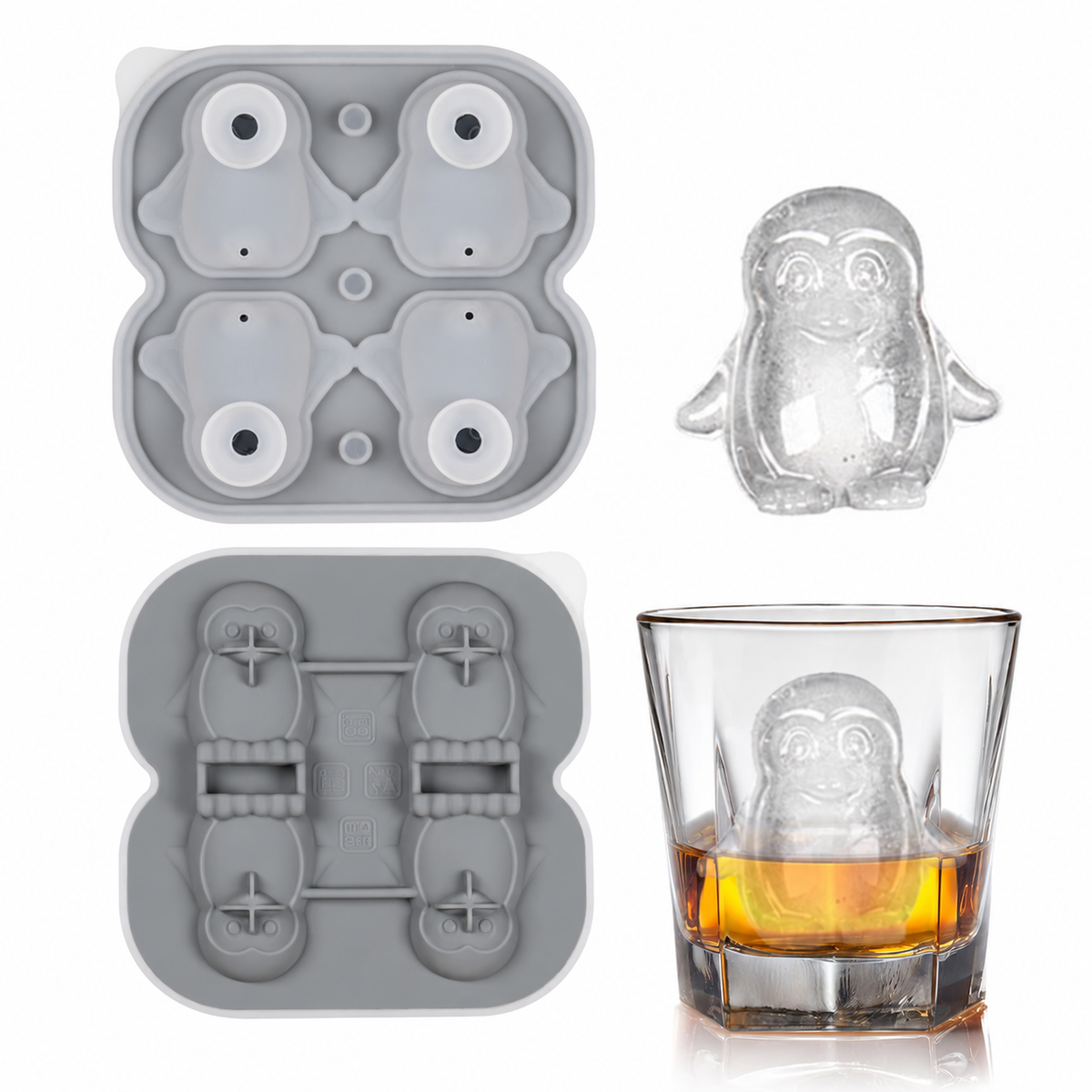Silicone penguin ice mold in gray with shaped ice