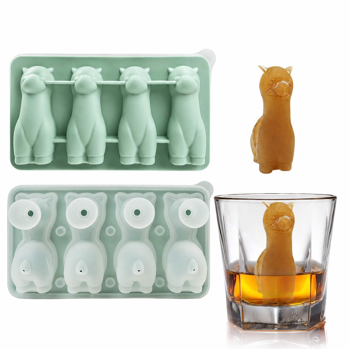 Silicone alpaca ice mold in green with shaped ice