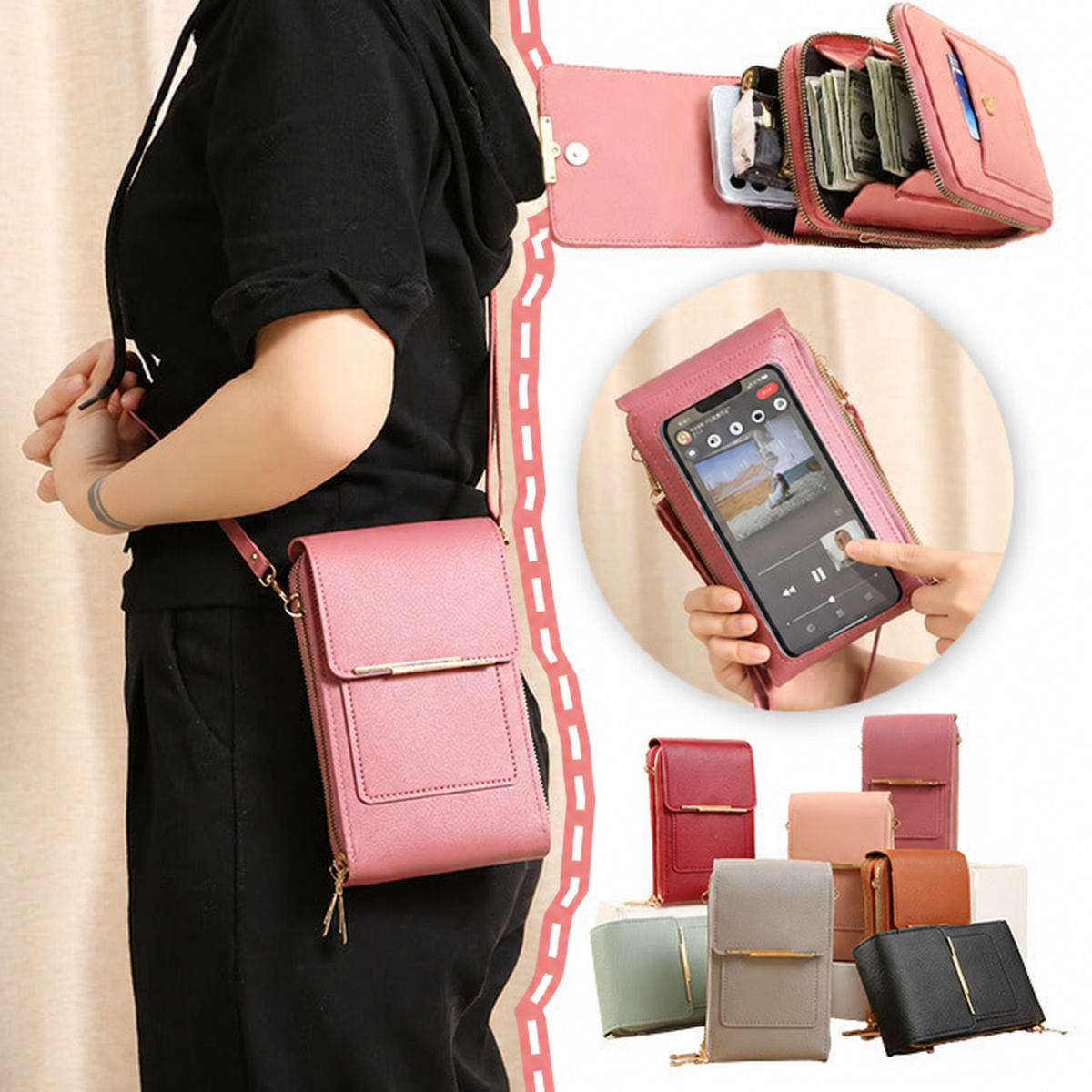 Phone crossbody bag with touchscreen window and organized storage