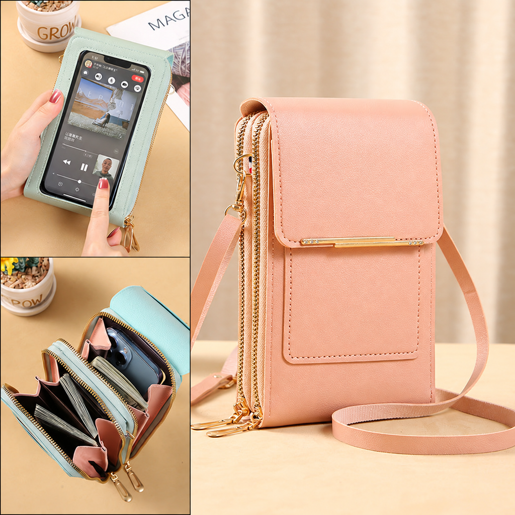 Phone window and zippered storage compartments