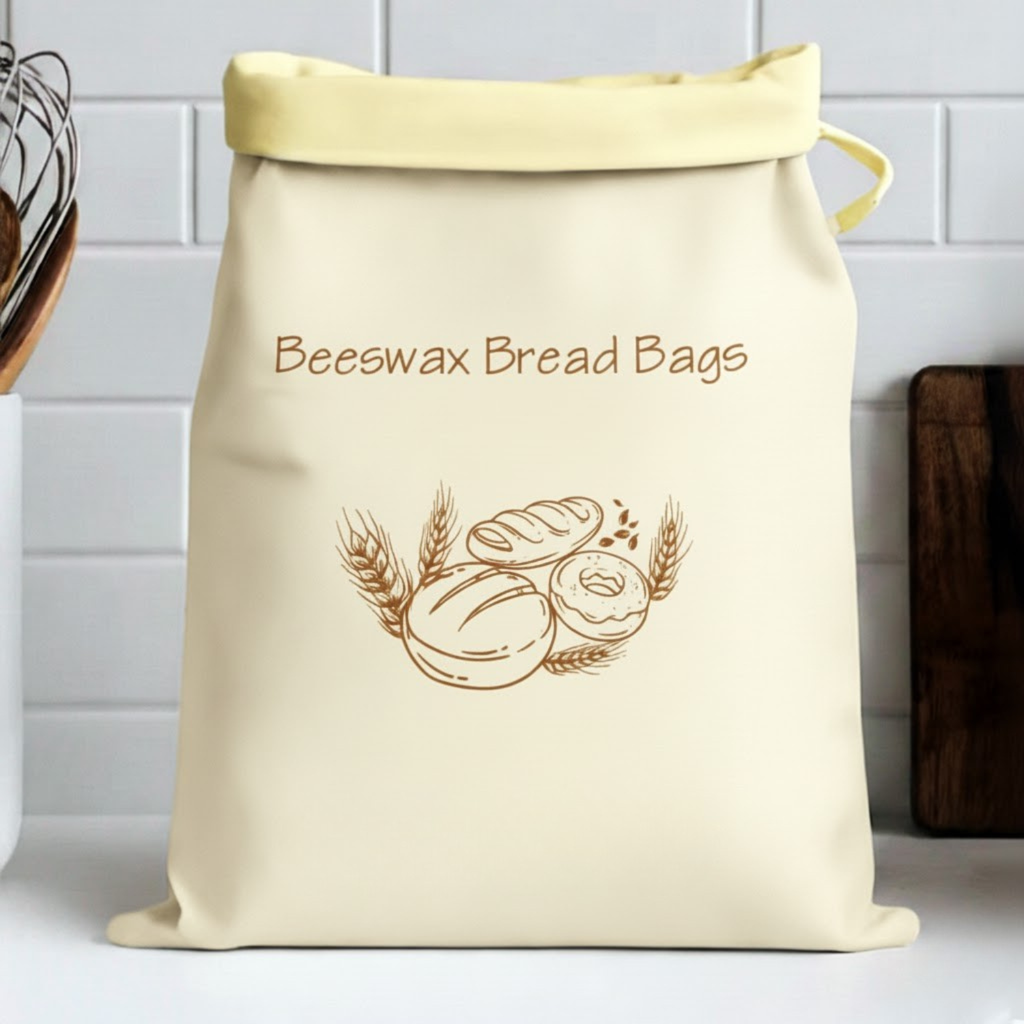 Reusable bread bag standing on a kitchen counter