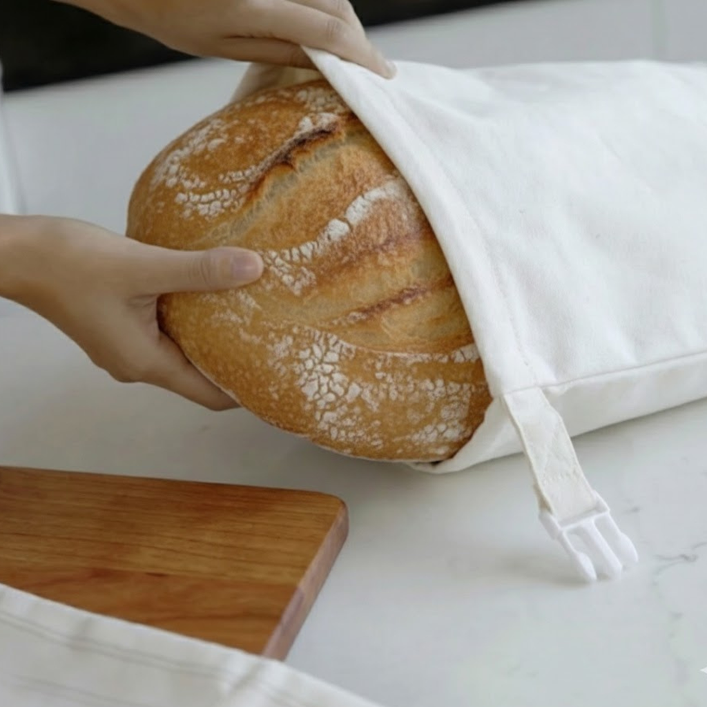 Hands sliding a round loaf into a bread bag