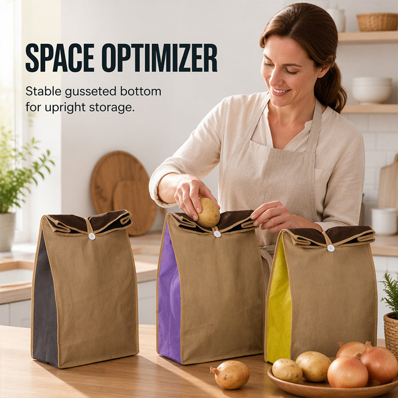Three color storage bags with top openings on a kitchen counter