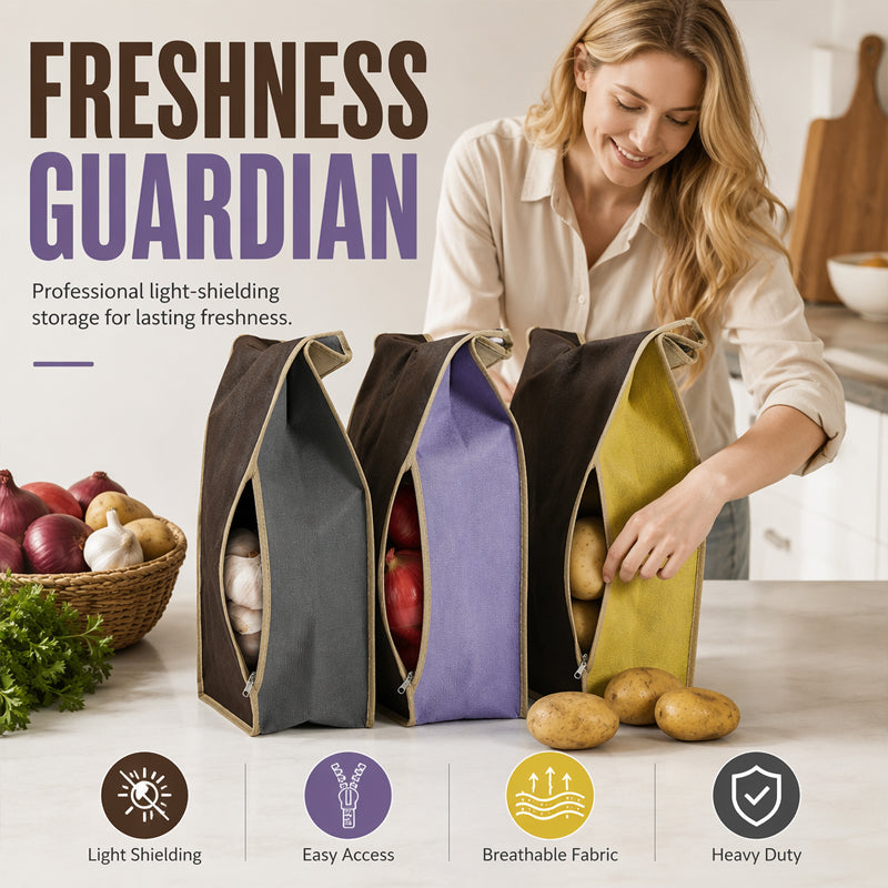 Three vegetable storage bags shown during kitchen use