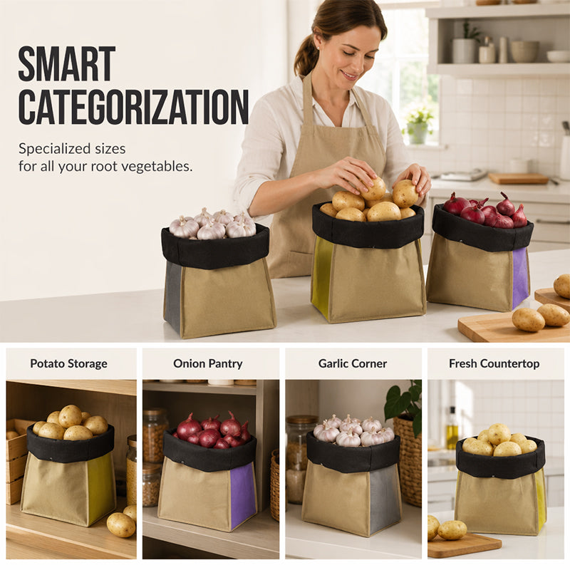 Vegetable sorting scenes with yellow and purple storage bags