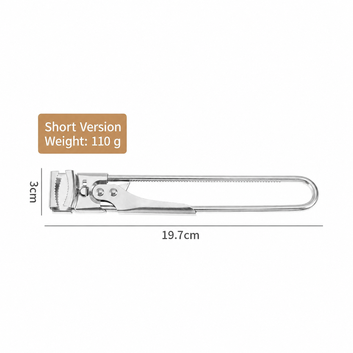 Short jar opener measuring 19.7 cm long and 3 cm wide