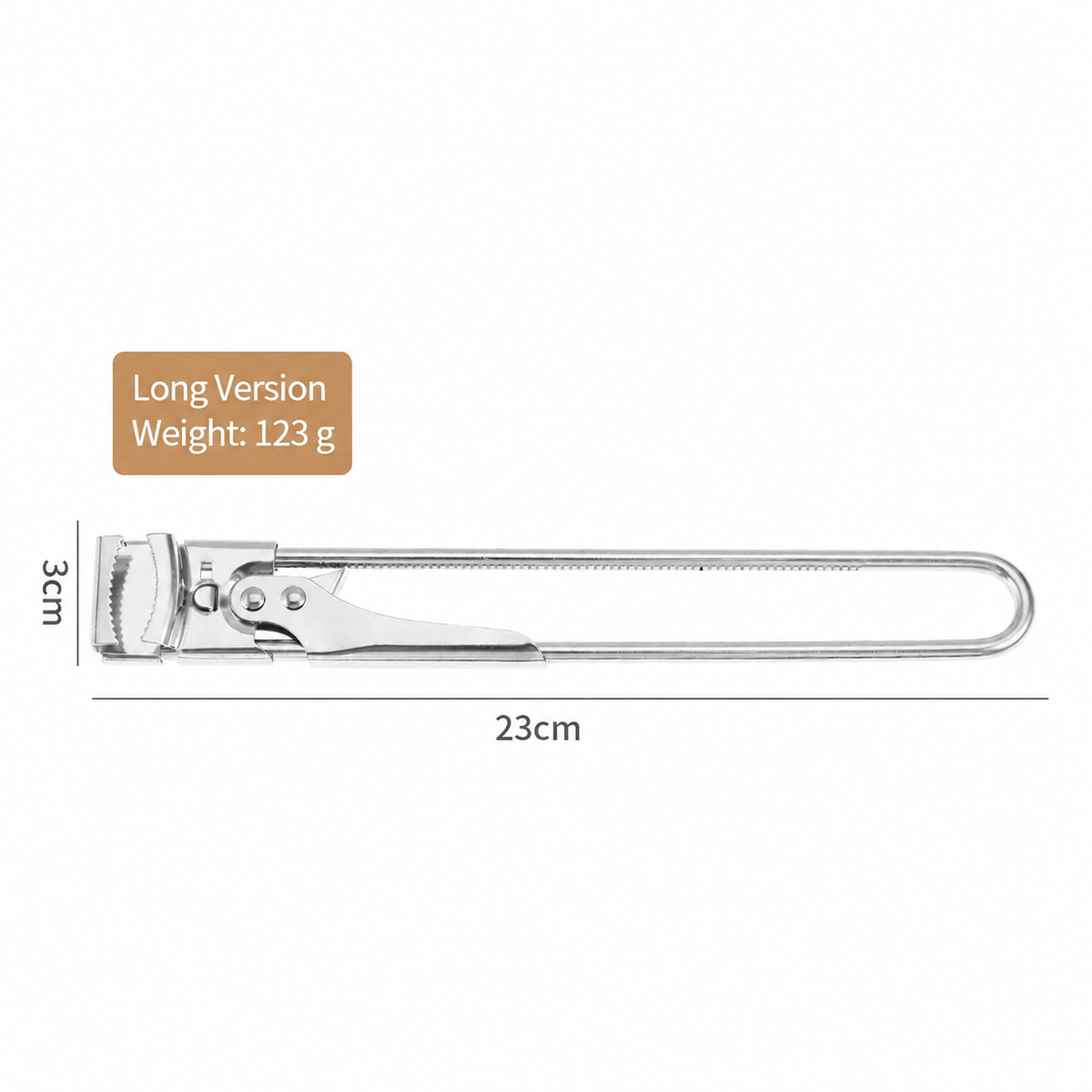 Long jar opener measuring 23 cm long and 3 cm wide