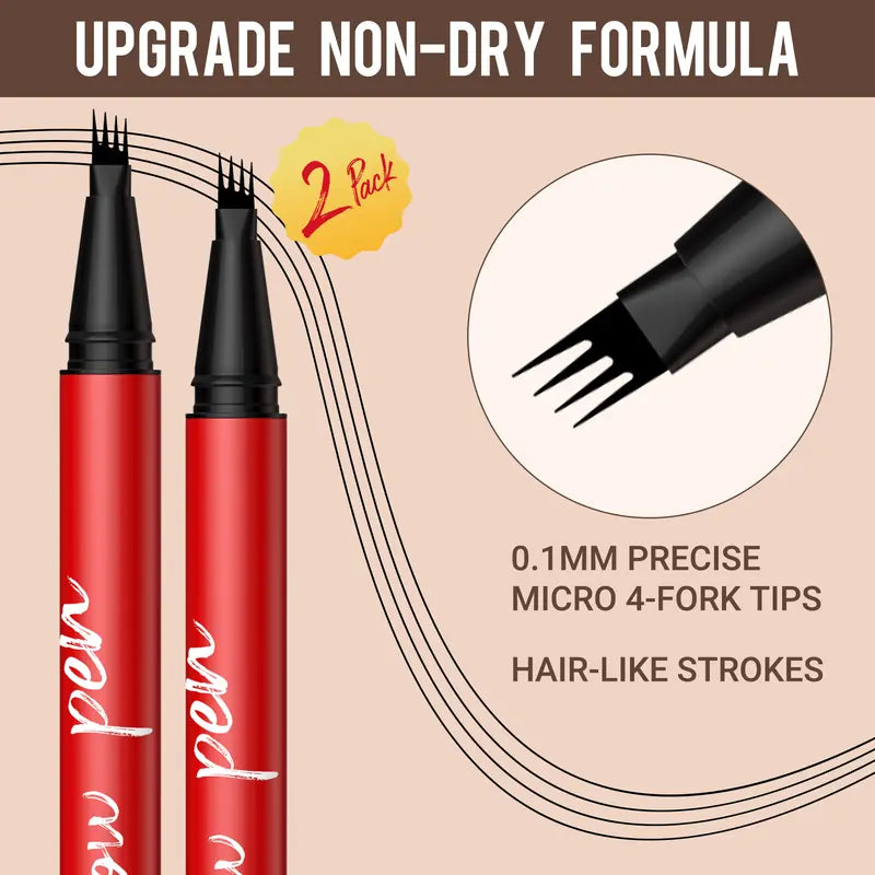 Two red eyebrow pens with a close-up of the micro-fork applicator tip
