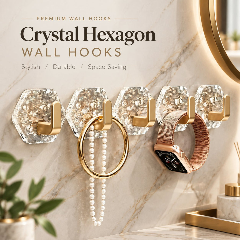 Clear hexagonal ripple hooks with gold finishes holding small accessories
