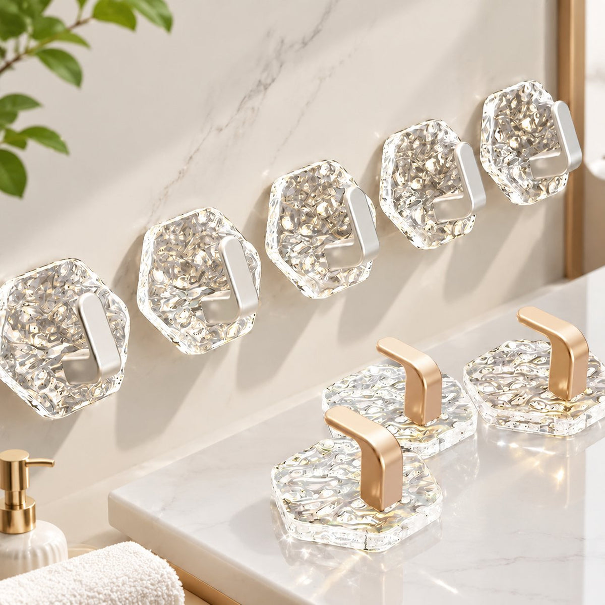 Gold and silver finishes on clear ripple-pattern wall hooks