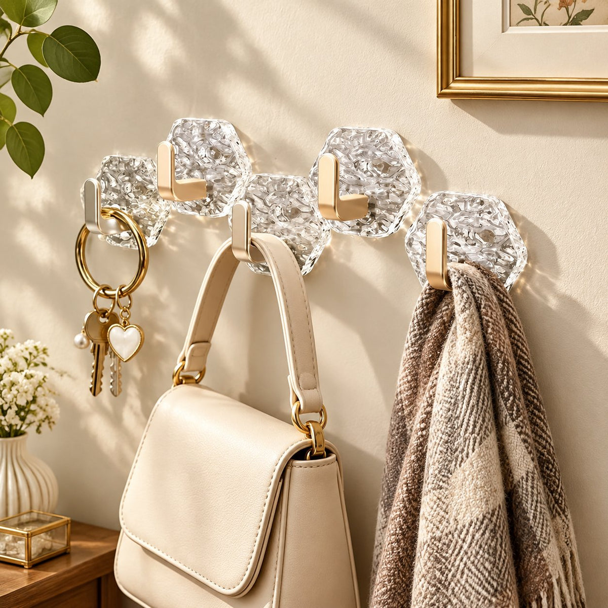 Decorative wall hooks used in an entryway display