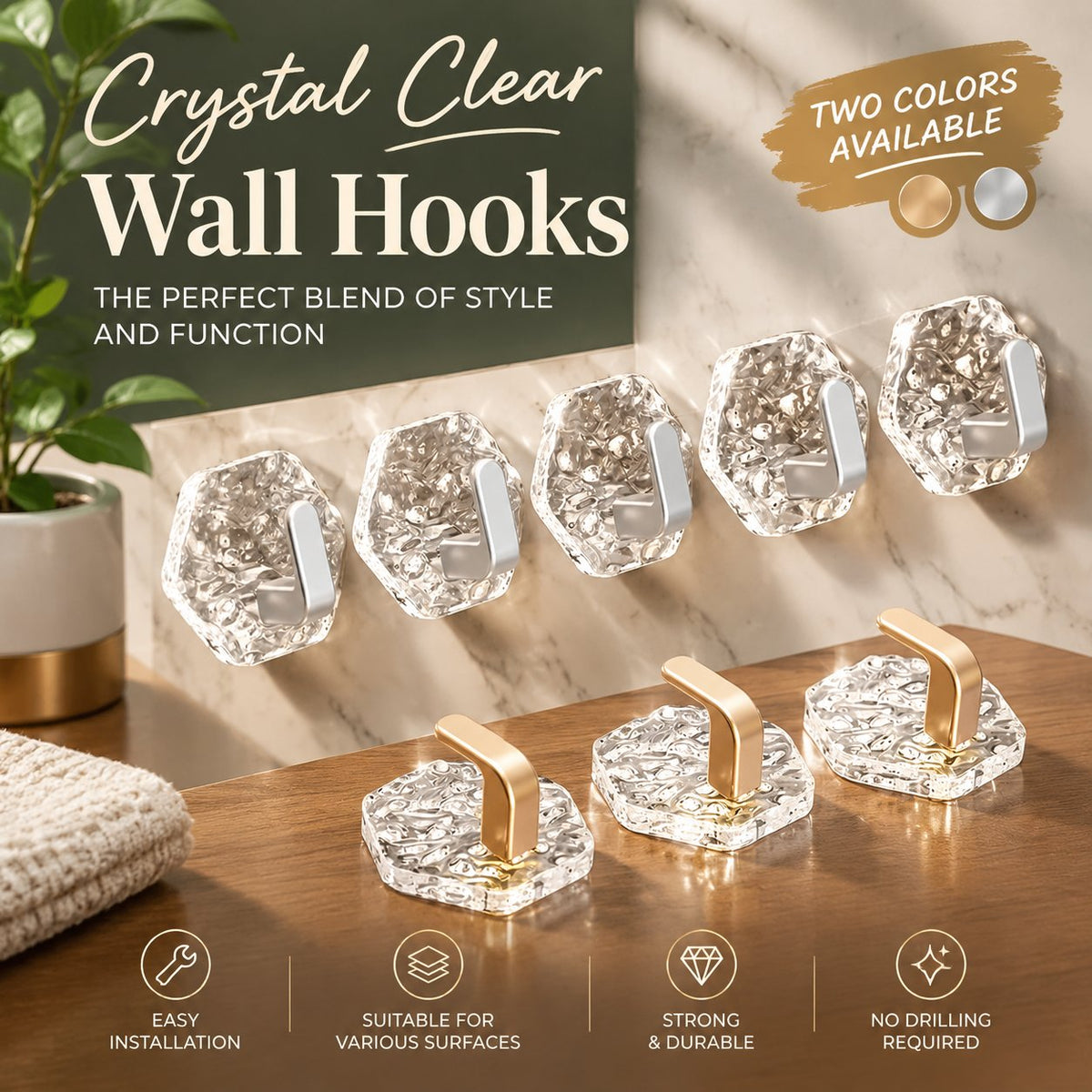 Hexagonal self-adhesive wall hooks in gold and silver finishes