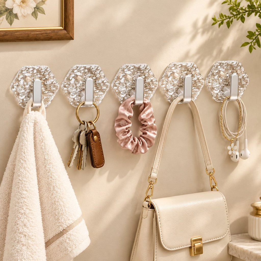 Wall hooks arranged with bathroom and personal accessories