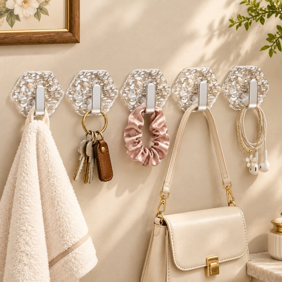 Wall hooks arranged with bathroom and personal accessories