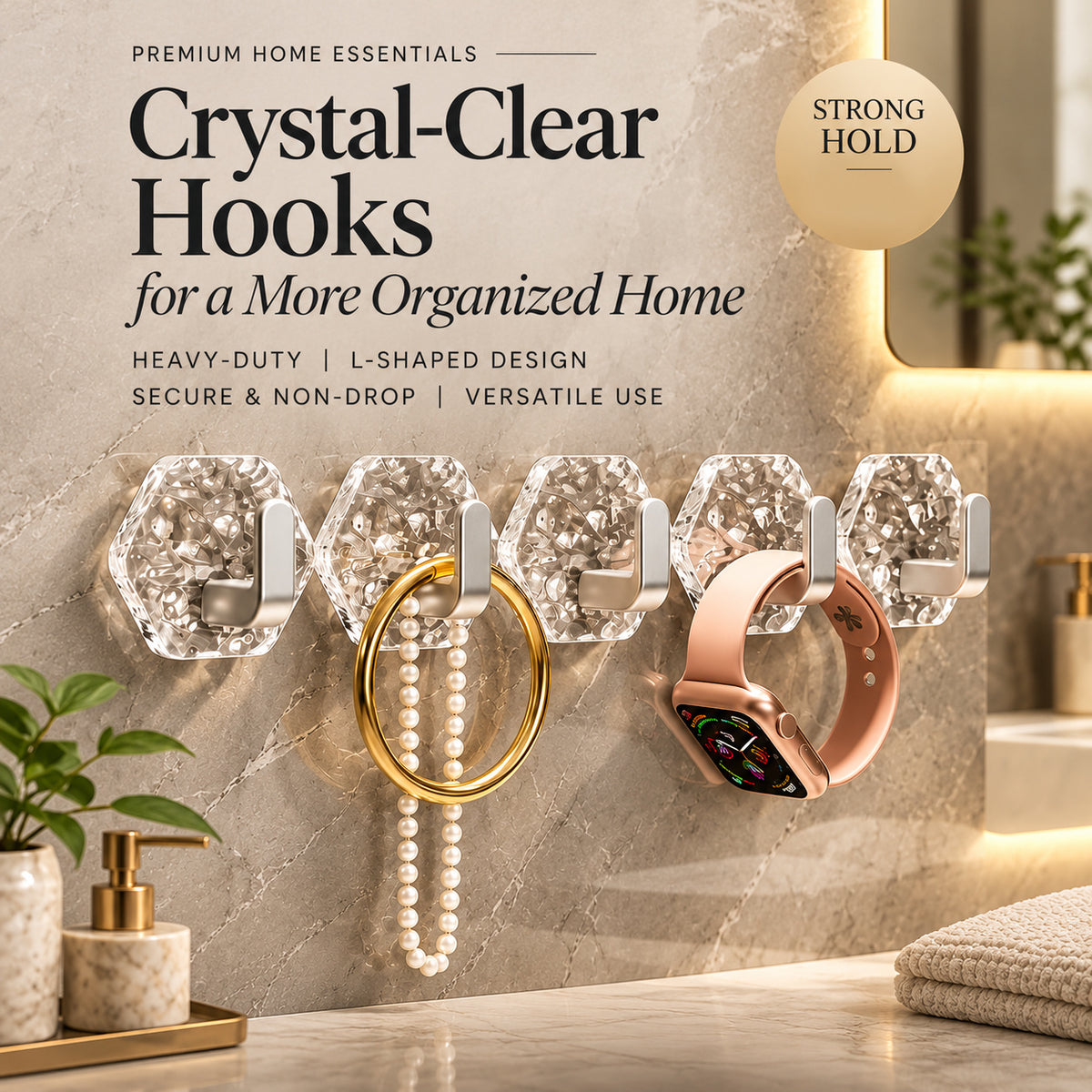 Decorative hooks above a home organization area