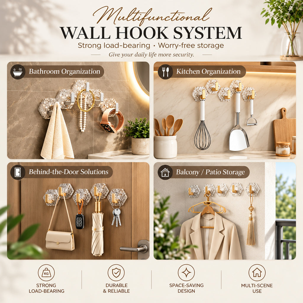 Illustrated wall-hook organization ideas for different rooms