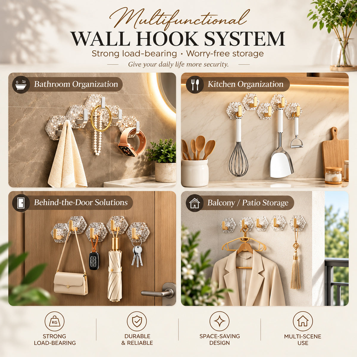 Illustrated wall-hook organization ideas for different rooms
