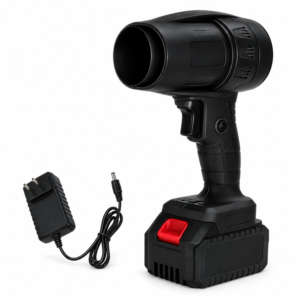 Black cordless handheld blower with one battery and charger
