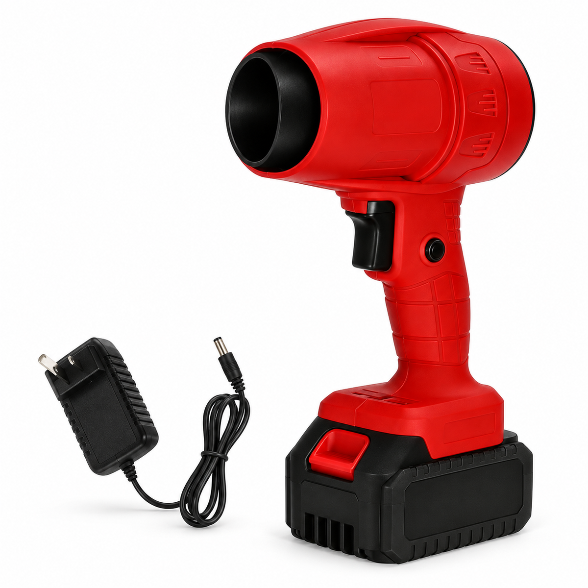 Red cordless handheld blower with one battery and charger