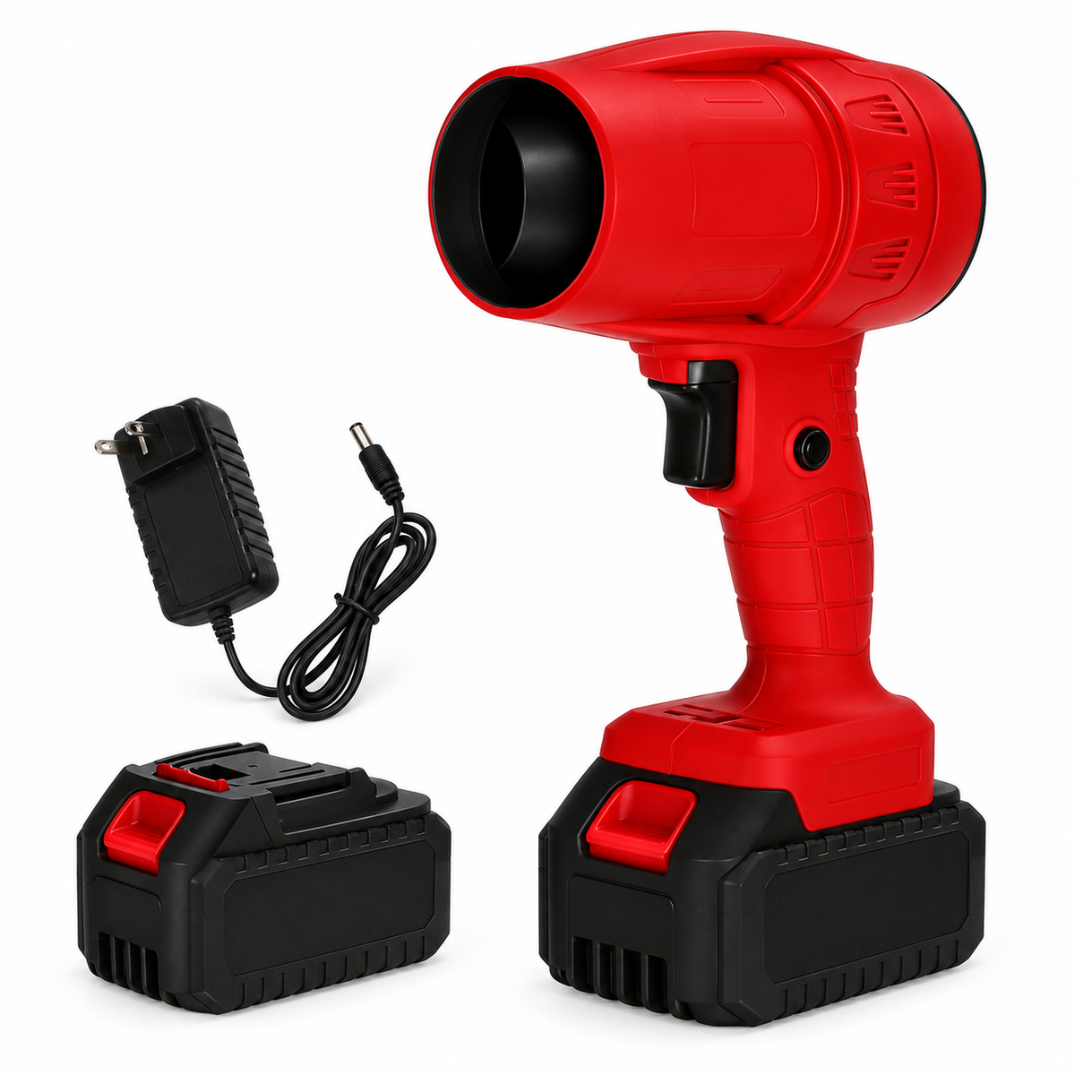 Red cordless handheld blower with two batteries and one charger