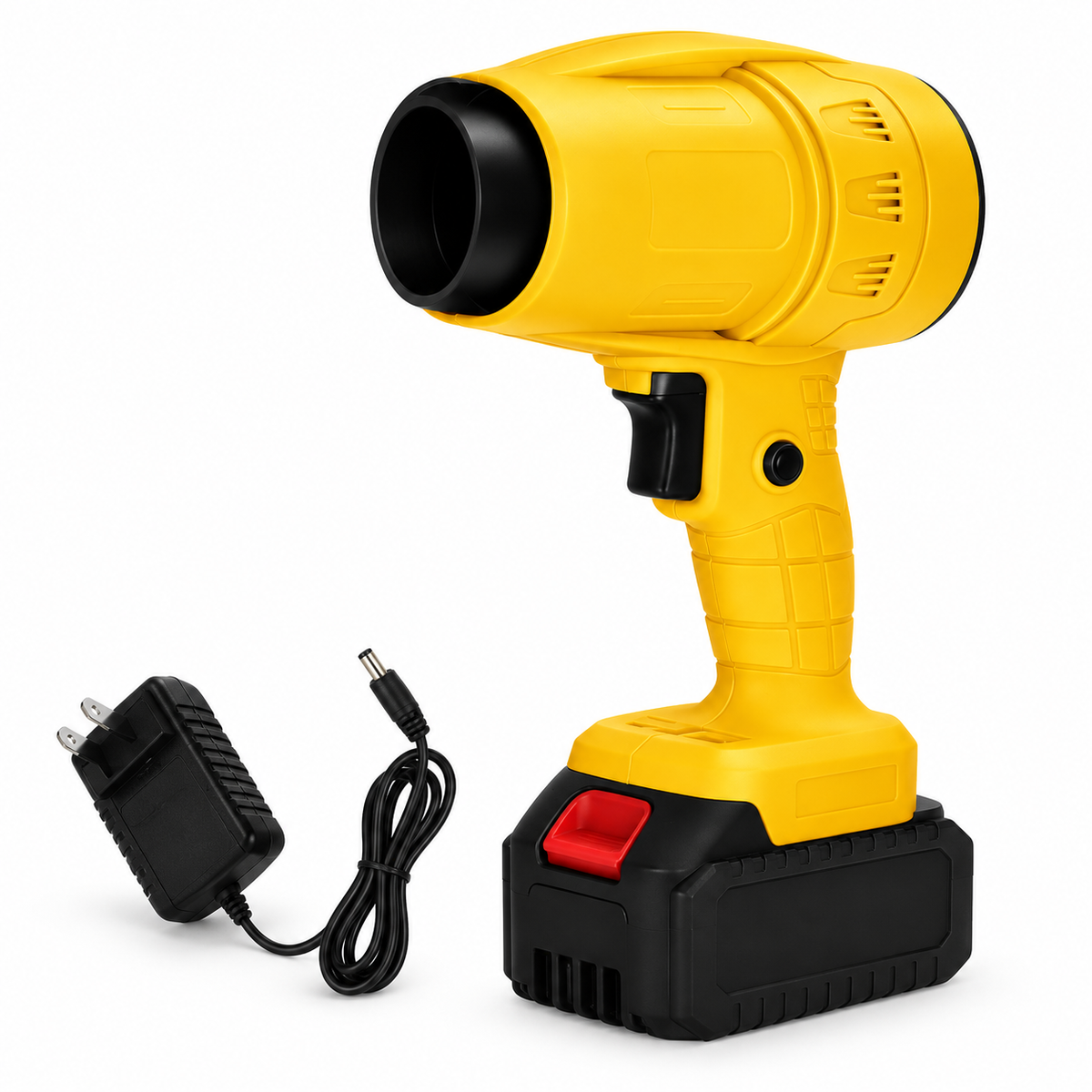 Yellow cordless handheld blower with one battery and charger