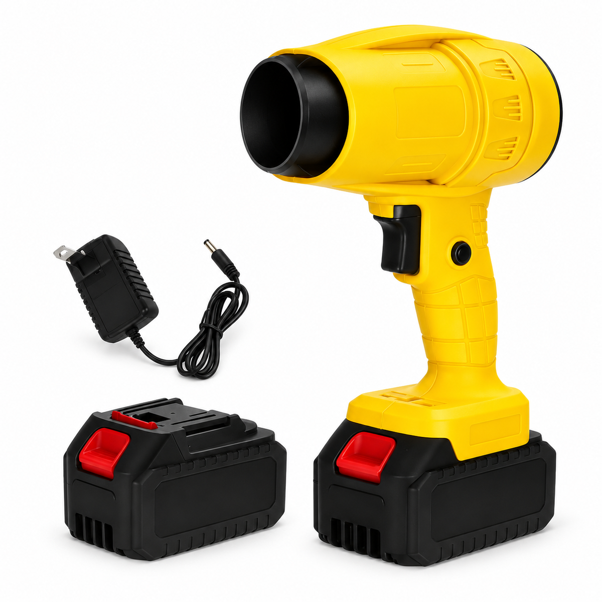 Yellow cordless handheld blower with two batteries and one charger