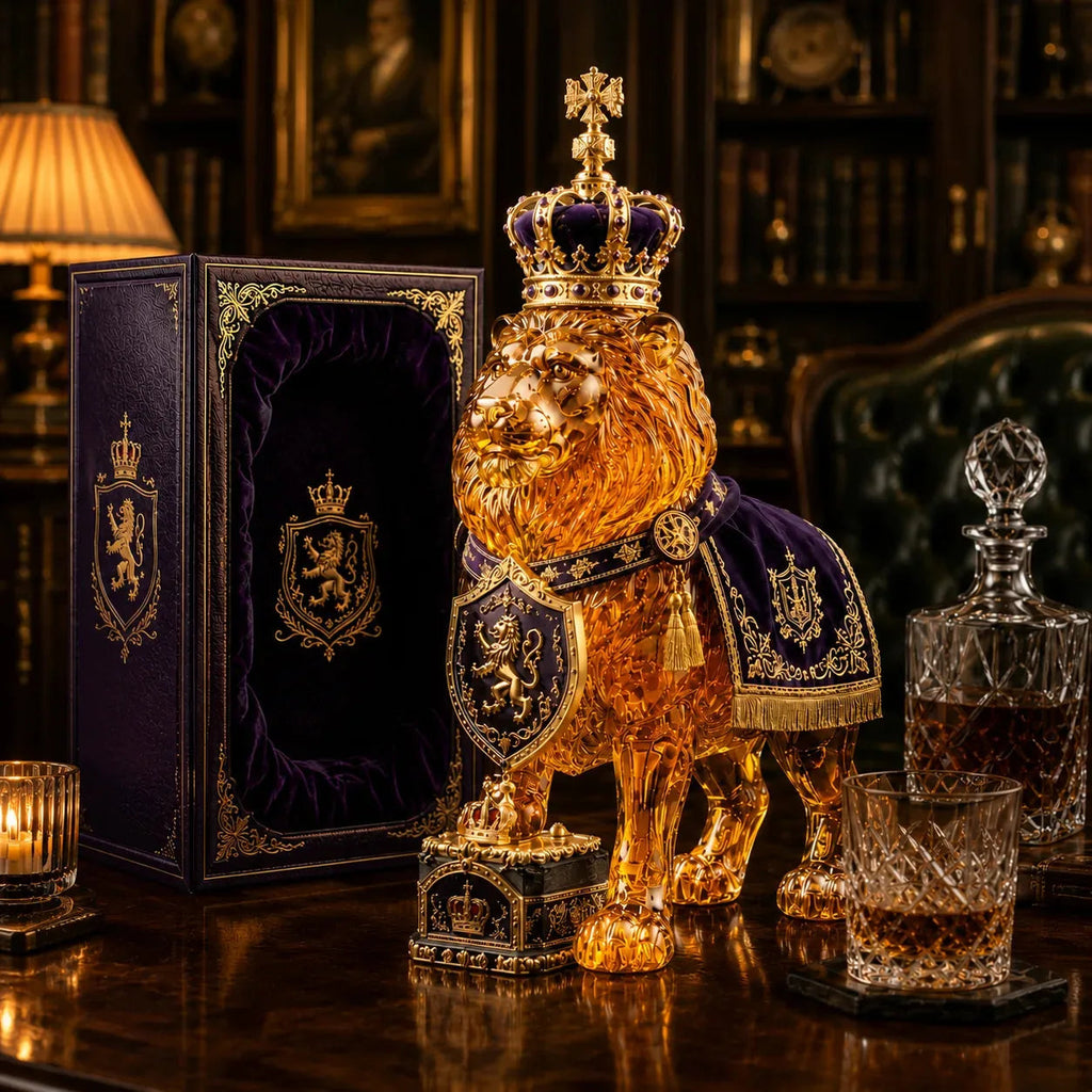 Sculpted lion decanter and crown detail in a home-bar setting