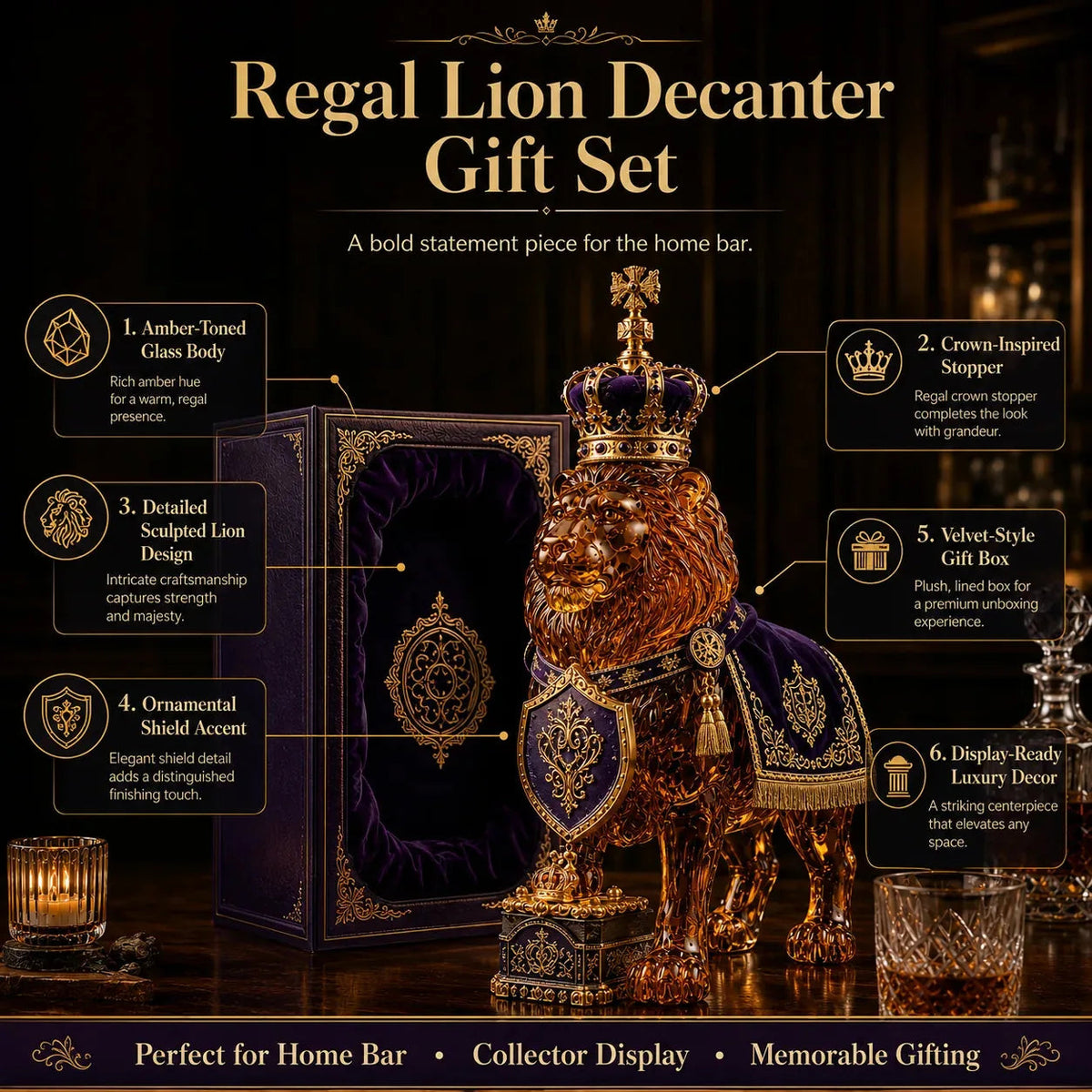 Illustrated lion decanter design details