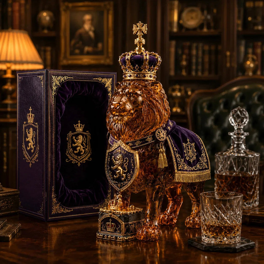 Lion decanter arranged on a home-bar tabletop