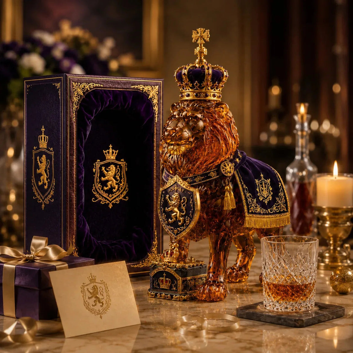Lion decanter in a decorative gift-table arrangement