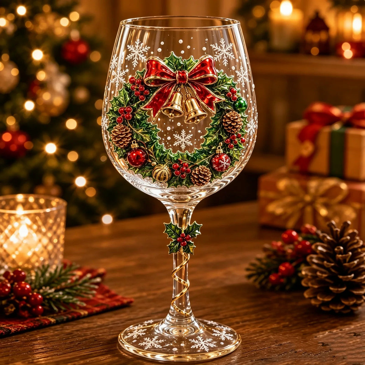 Christmas wreath wine glass with raised holiday motif