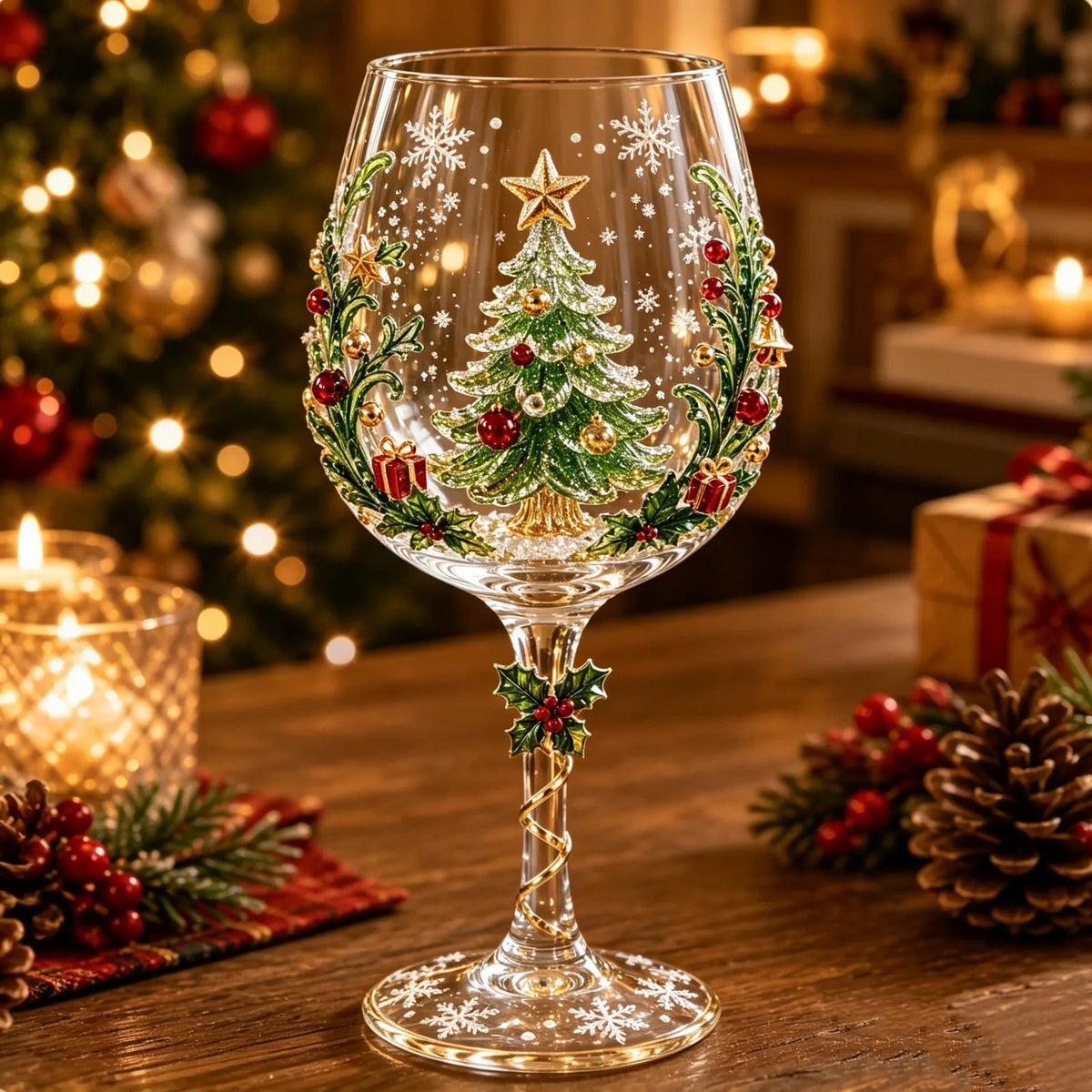 Christmas tree wine glass with raised holiday motif