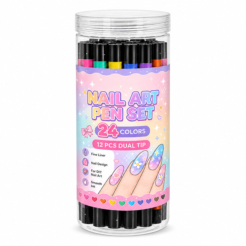 Twelve dual-ended nail art pens in a storage tube
