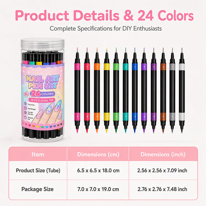 Twelve dual-ended nail art pens shown beside their tube