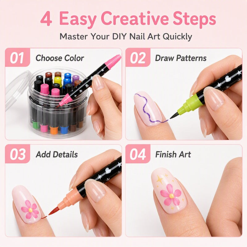 Four illustrated steps for drawing a floral nail design