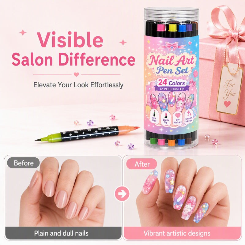 Before and after manicure design inspiration with nail art pens